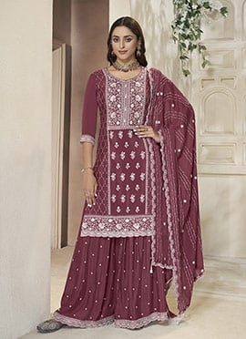 Burgundy Chinon Embroidered Sequins Palazzo Suit