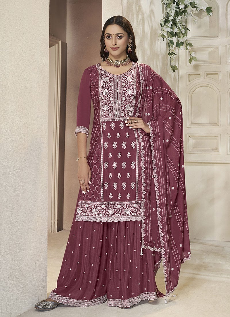 Burgundy Chinon Embroidered Sequins Palazzo Suit Festive Wear
