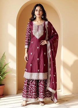 Burgundy Chinon Embroidered Sequins Sharara Suit