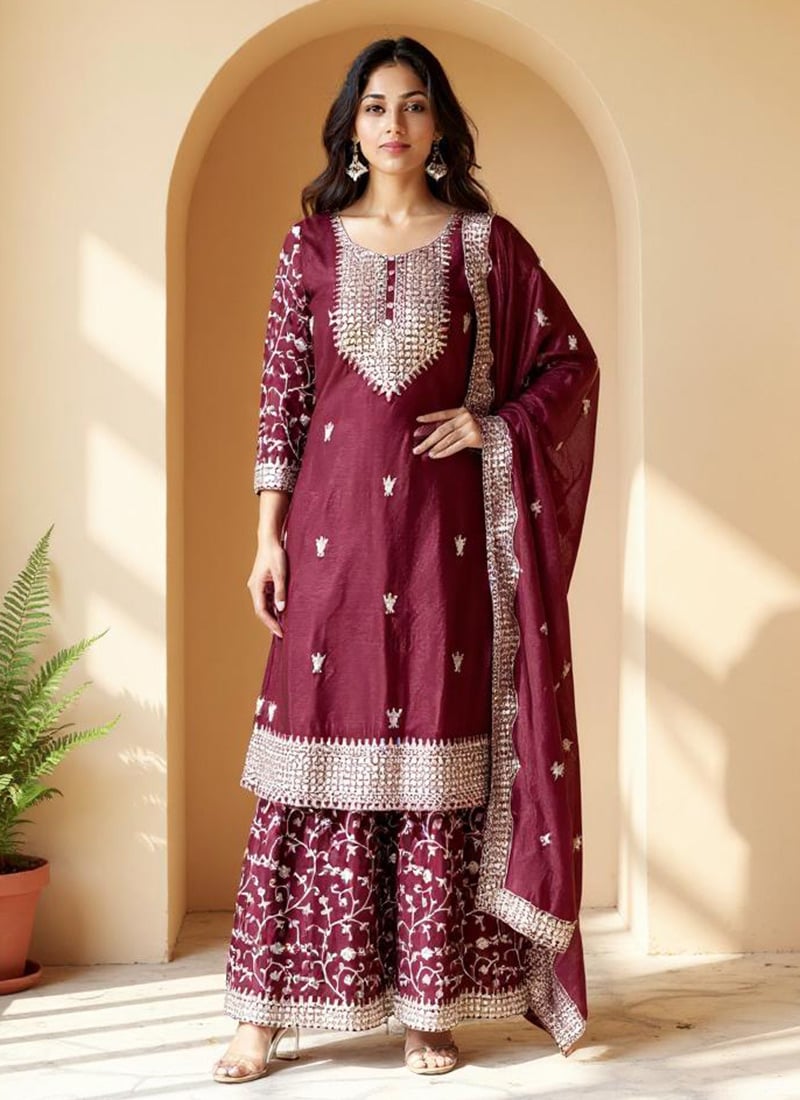 Burgundy Chinon Embroidered Sequins Sharara Suit