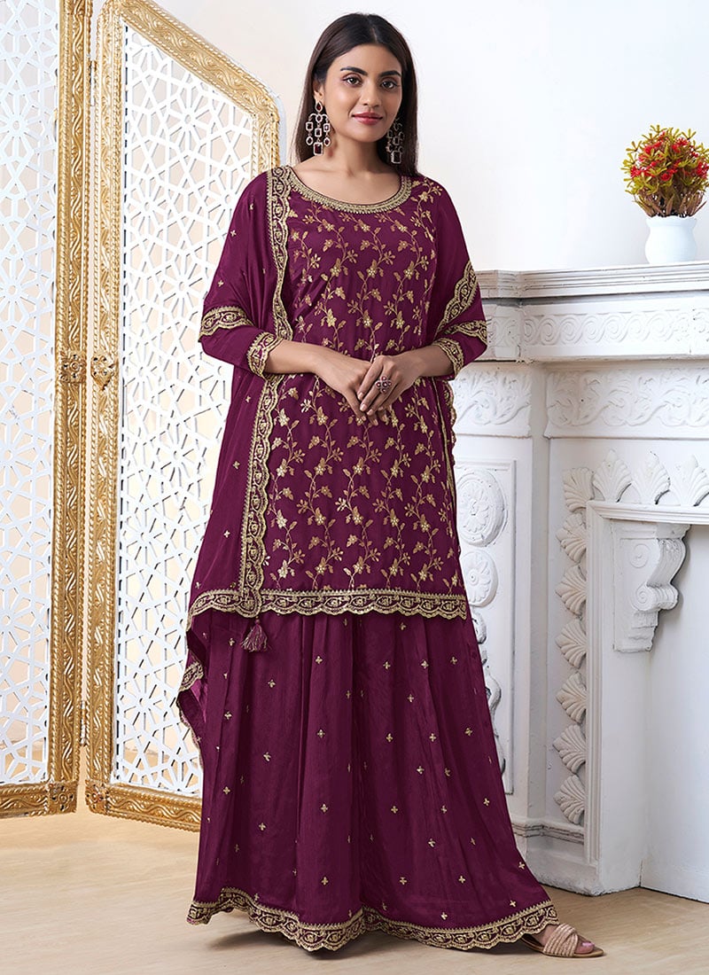 Burgundy Chinon Floral Jaal Jacquard With Embroidery straight Pant Suit