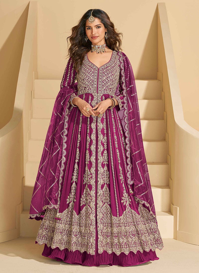 Burgundy Chinon Silk Zari Embroidered Sequins With Stone Work Anarkali Lehenga Wedding Wear