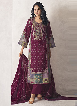 Burgundy Cotton Digital Print Embroidered Straight Pant Suit