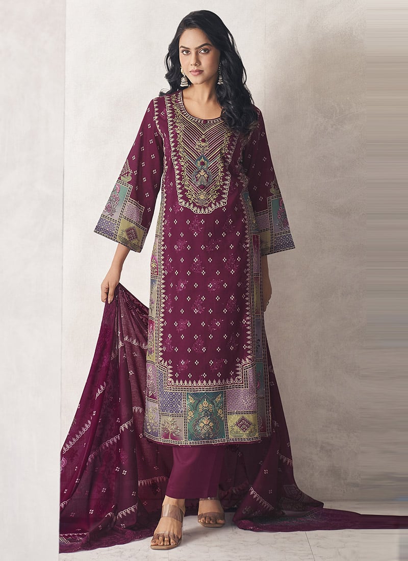 Burgundy Cotton Digital Print Embroidered Straight Pant Suit Festive Wear