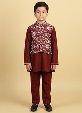 Burgundy Cotton Floral Print Kids Boys Bandi Set