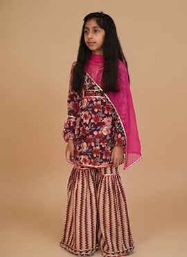 Burgundy Cotton Floral Print Kids Girls Sharara Suit