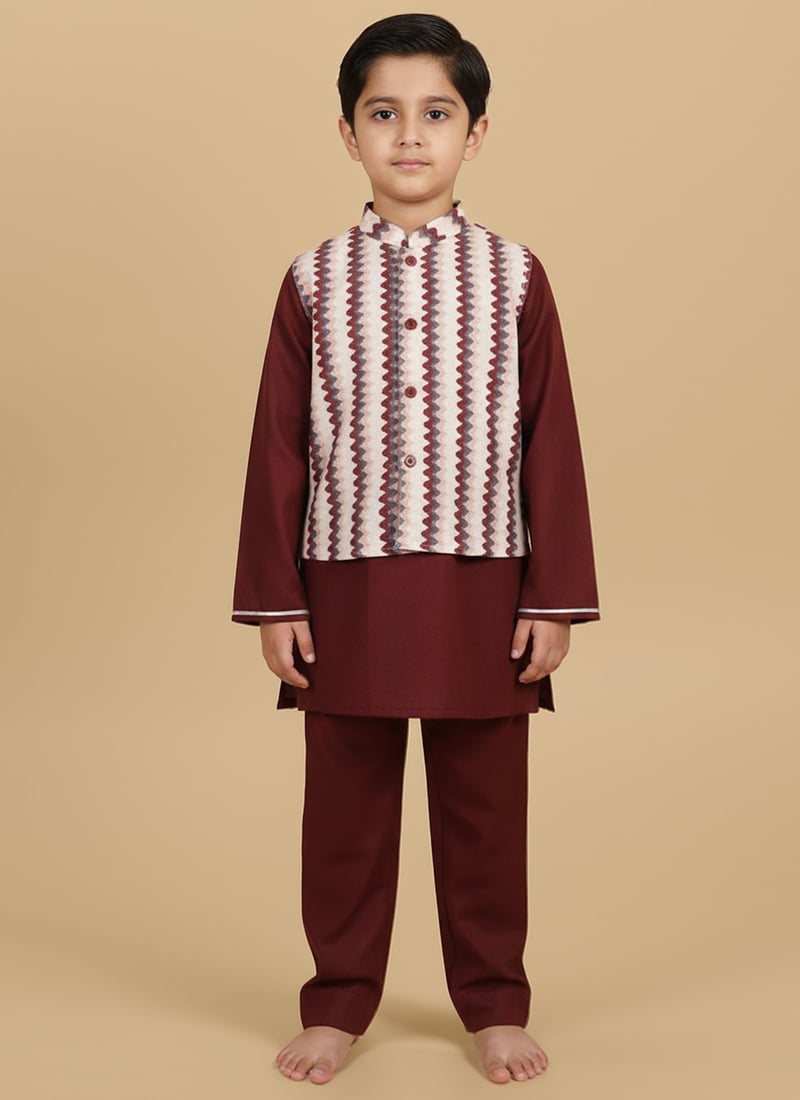 Burgundy Cotton Printed Kids Boys Bandi Set Festive Wear