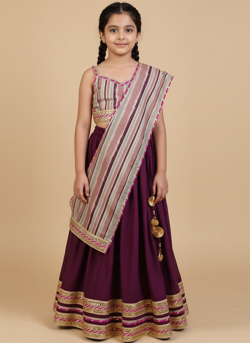 Burgundy Cotton Printed Kids Girls A Line Lehenga Festive Wear