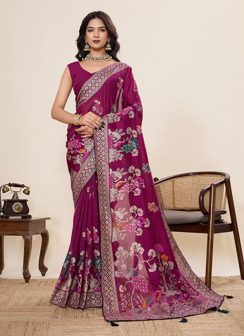 Burgundy Cotton Zari And Foil Print Saree Festive Wear