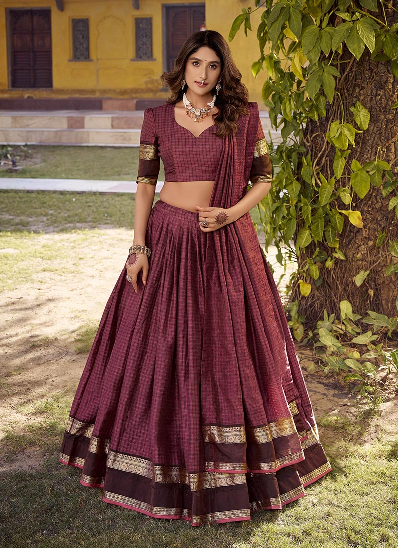 Burgundy Cotton Zari Work Lehenga Festive Wear