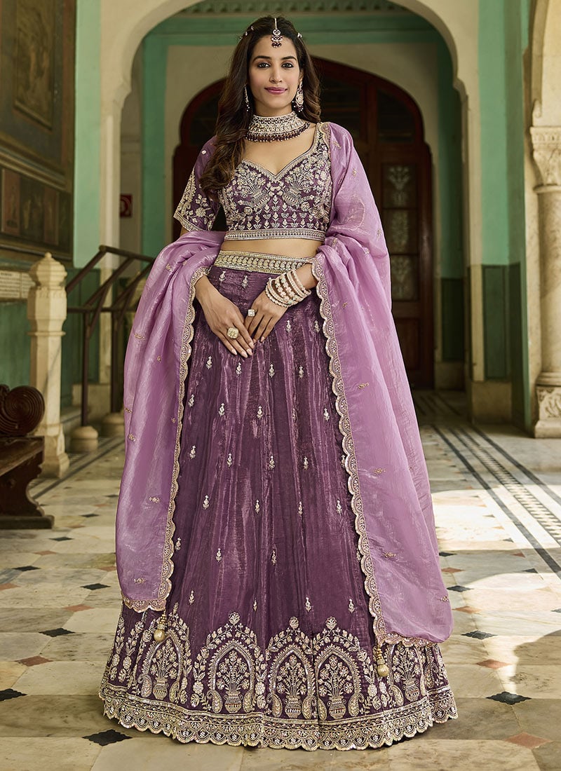 Burgundy Crush Silk Zari Embroidered Sequins With Beads Work Lehenga