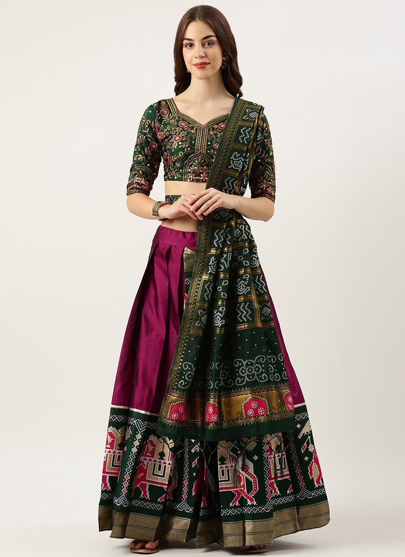 Burgundy Embroidered Patola Silk Zari Embossed A Line Lehenga With Bandhini Dupatta Festive Wear