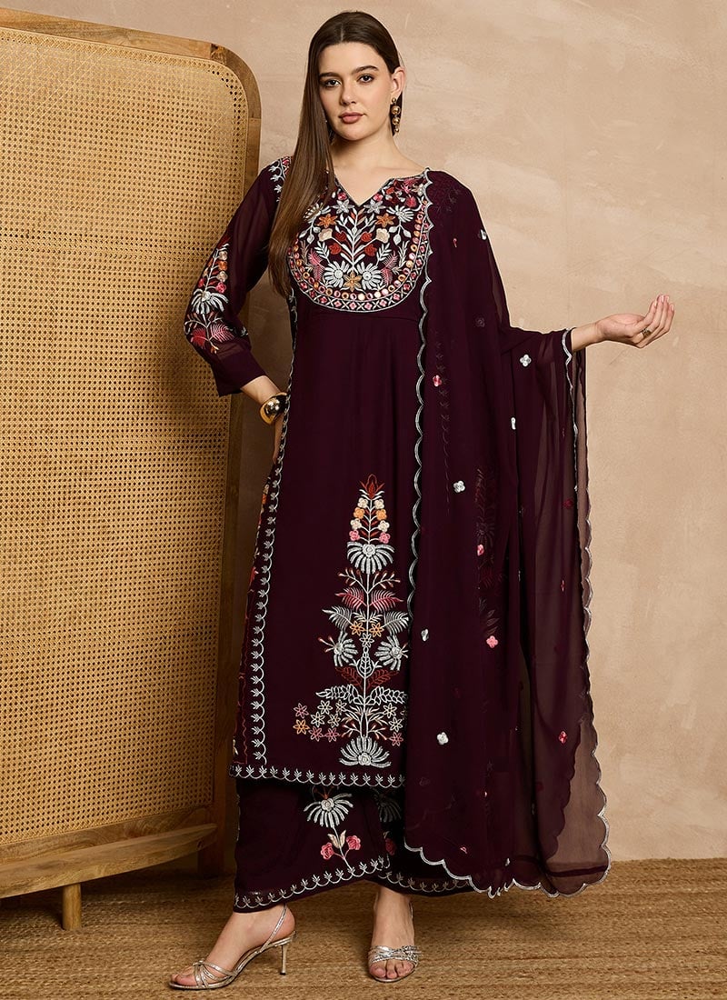 Burgundy Georgette Embroidered Straight Pant Suit