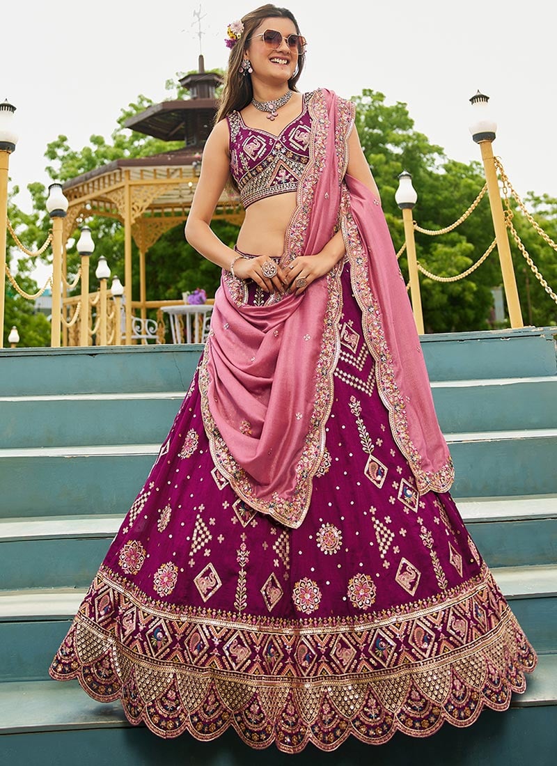 Burgundy Georgette Sequins Embroidered Cut Work Zari Lehenga Set Wedding Wear-GHSPC6201BUR
