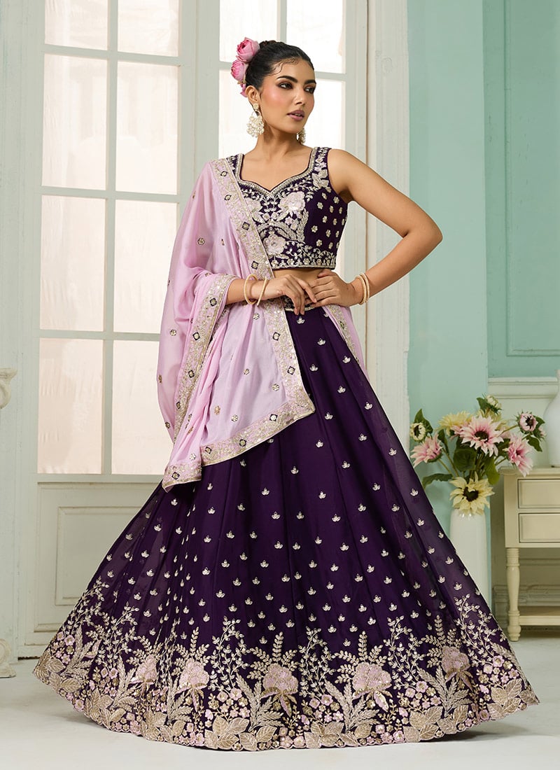 Burgundy Georgette Sequins Stones Embroidered Cut Work Umbrella Lehenga Wedding Wear