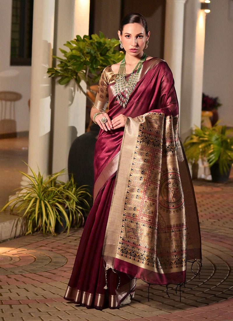 Burgundy Khadi Raw Silk Printed With Zari Woven Saree Festive Wear
