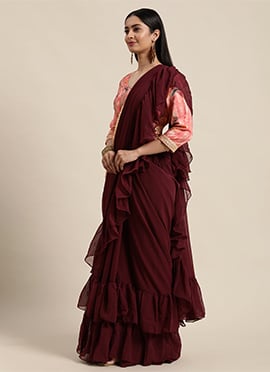 Burgundy N Pink Printed Ruffle Saree N Blouse Set