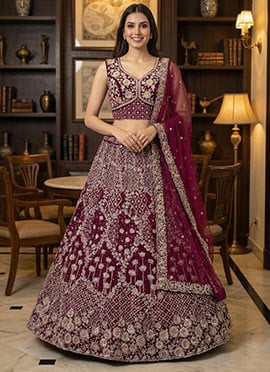 Burgundy Net Sequins Embroidered Zari Thread Dori Umbrella Lehenga