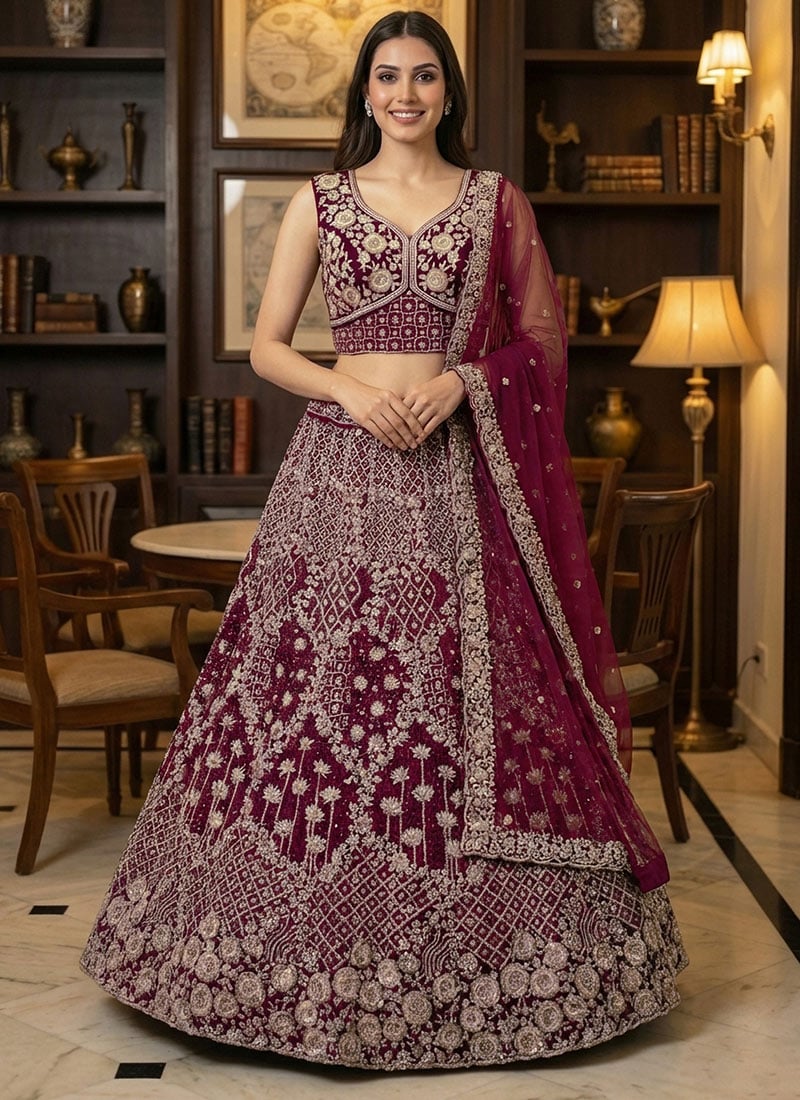 Burgundy Net Sequins Embroidered Zari Thread Dori Umbrella Lehenga Wedding Wear