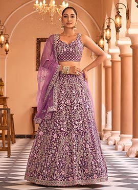 Burgundy Net Zari Embroidered Sequins With Stone Work Lehenga