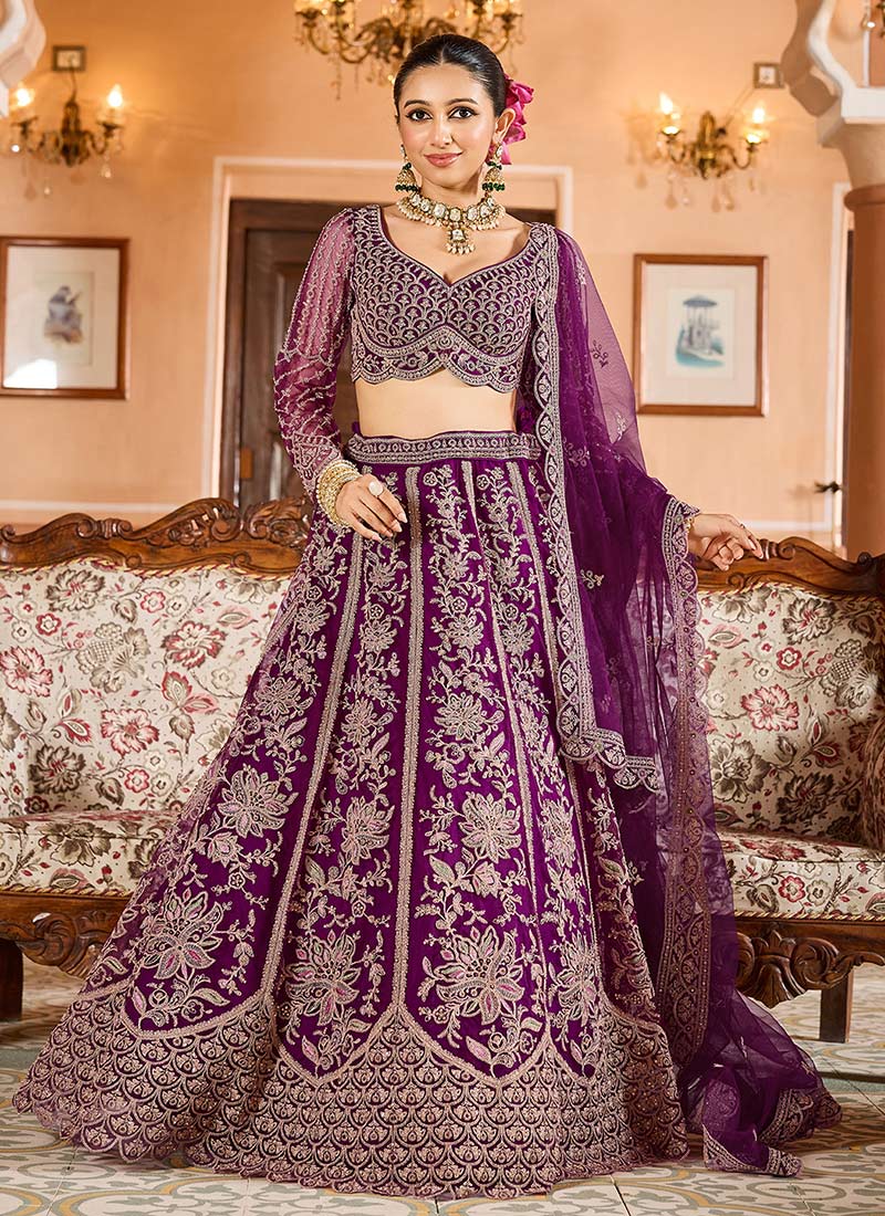 Burgundy Net Zari Embroidered Sequins With Stone Work Lehenga Wedding Wear
