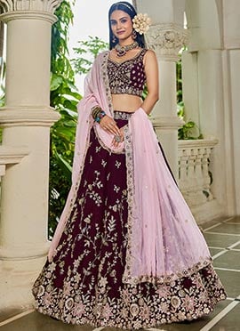 Burgundy Organza Sequins Embroidered Lehenga Set Wedding Wear