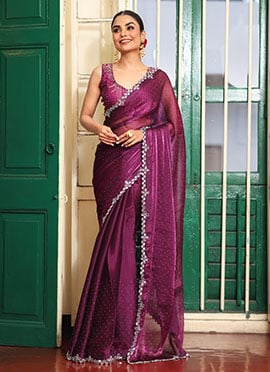 Burgundy Organza Stone Work Saree