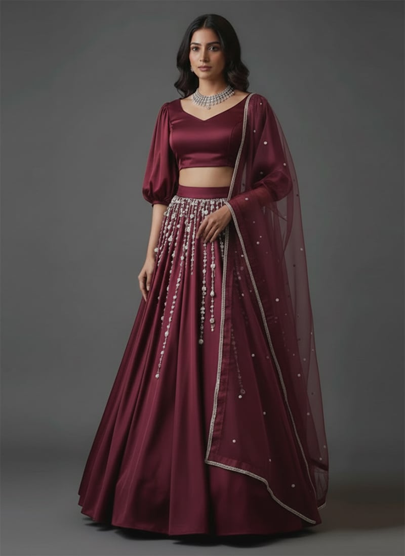 Burgundy Satin Silk Beads And Stones Hand Embroidered Lehenga Set Wedding Wear