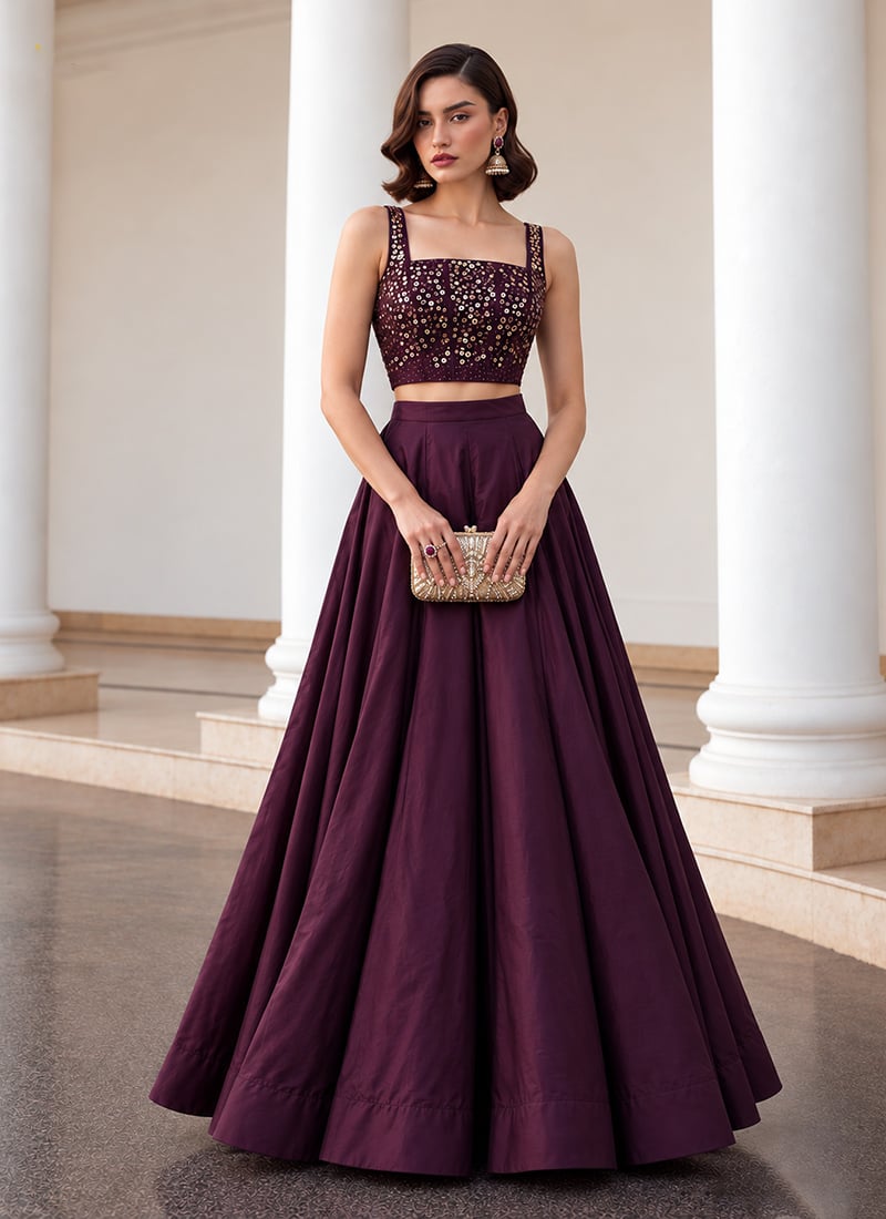 Burgundy Sequins Embellished Silk Indowestern Crop Top Skirt Set After Six Wear