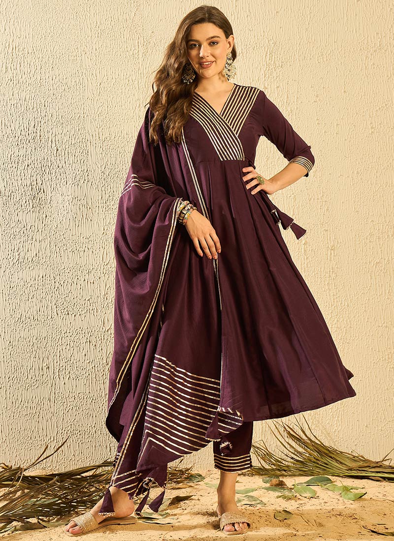 Burgundy Silk Gota Work Straight Pant Suit