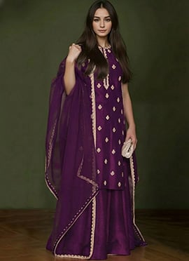 Burgundy Silk Hand Embroidered And Zardosi Palazzo Suit