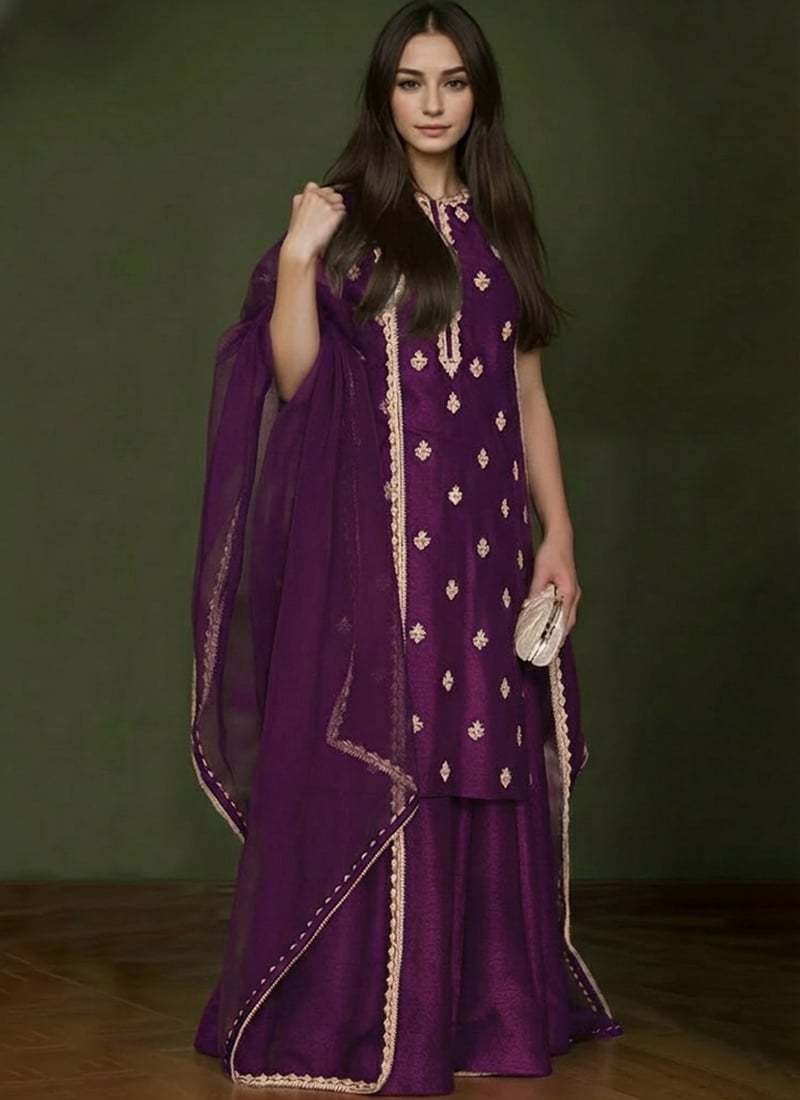 Burgundy Silk Hand Embroidered And Zardosi Palazzo Suit Festive Wear