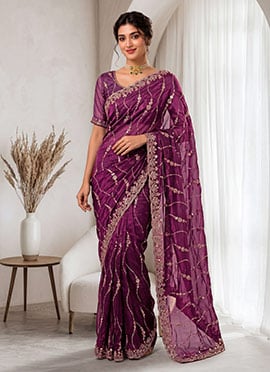 Burgundy Silk Hand Embroidered Sequins With Stone Cutdana Work Saree