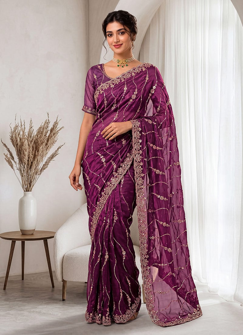 Burgundy Silk Hand Embroidered Sequins With Stone Cutdana Work Saree Festive Wear