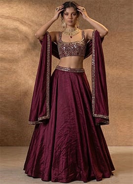 Burgundy Silk Lehenga Set With Hand Embroidered Zari And  Mirror Work