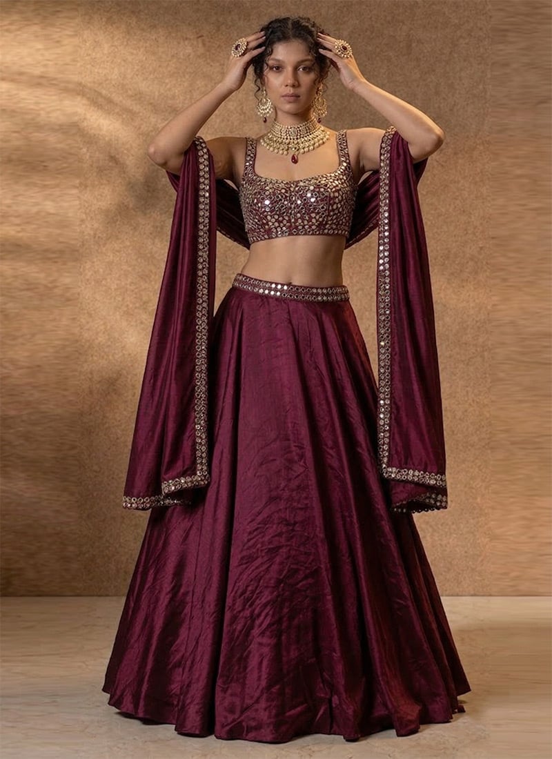 Burgundy Silk Lehenga Set With Hand Embroidered Zari And Mirror Work Wedding Wear