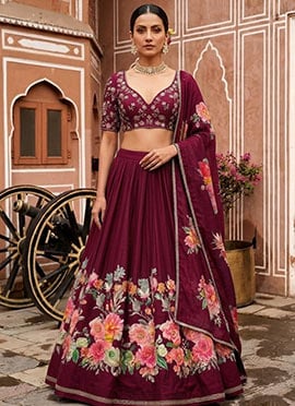 Burgundy Silk Resham Sequins Embroidered Digital Print Lehenga