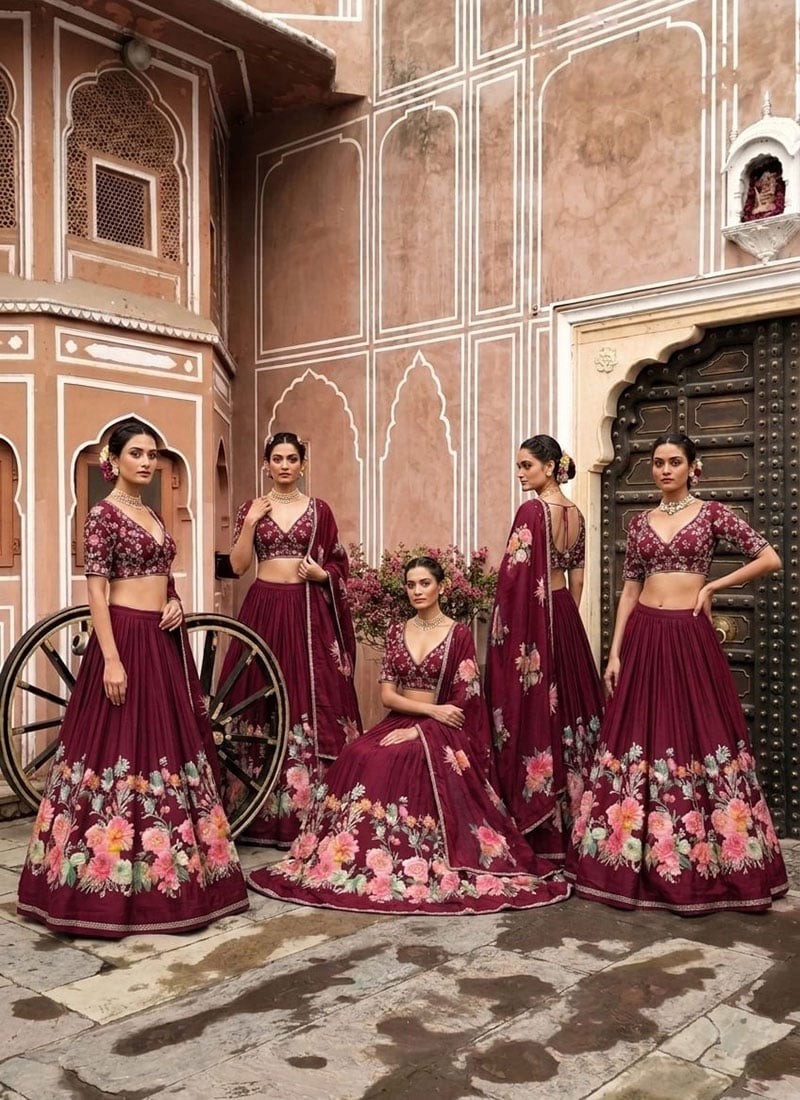 Burgundy Silk Resham Sequins Embroidered Digital Print Lehenga Wedding Wear