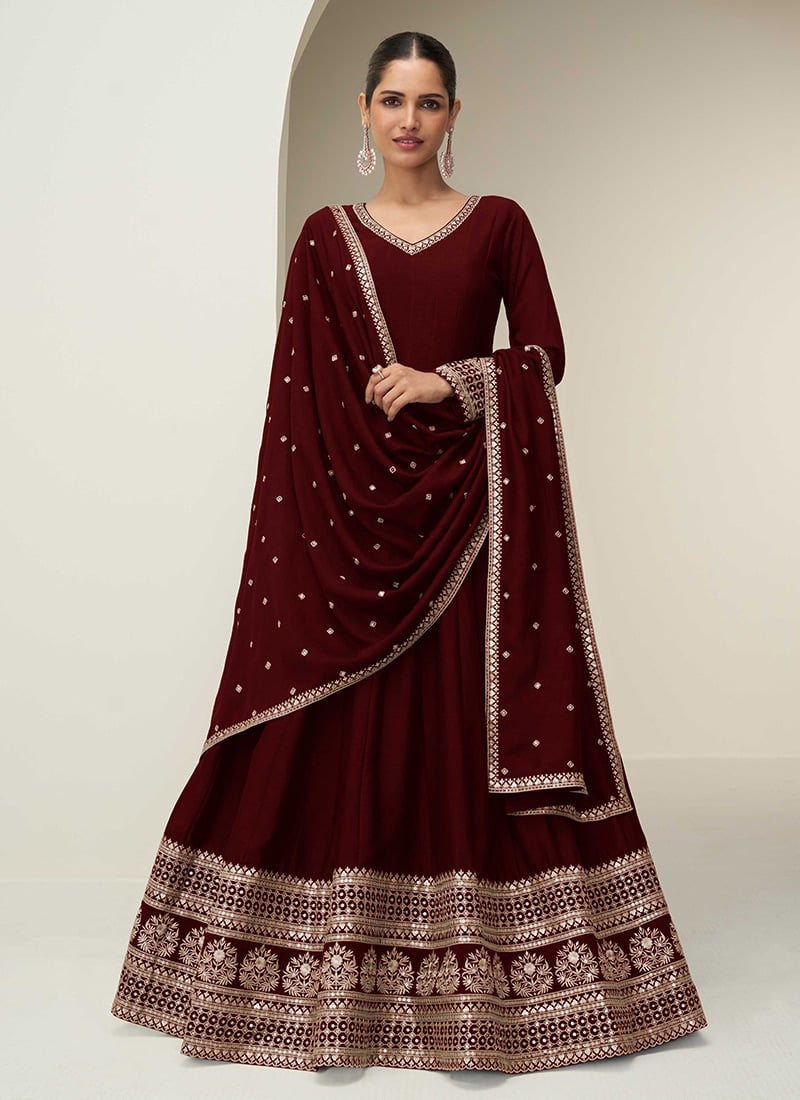 Burgundy Silk Zari Embroidered Sequins Anarkali Suit Festive Wear