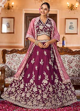 Burgundy Silk Zari Embroidered Sequins With Stone Work Lehenga
