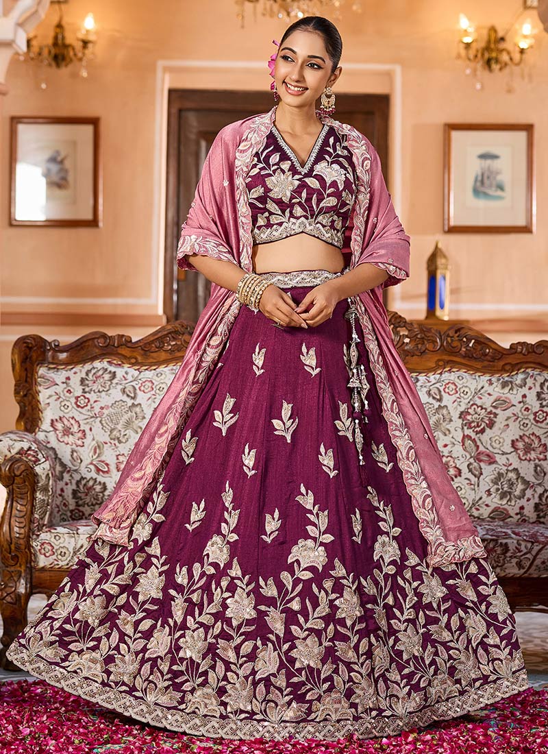 Burgundy Silk Zari Embroidered Sequins With Stone Work Lehenga Wedding Wear