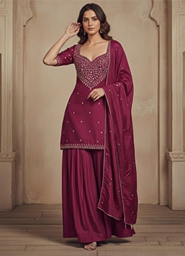 Burgundy Silk Zari Stone Embellished Palazzo Suit