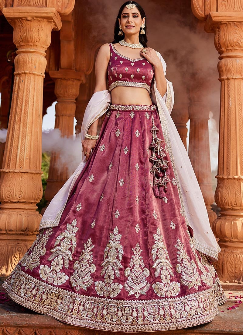 Burgundy Tissue Embroidered Sequins Lehenga