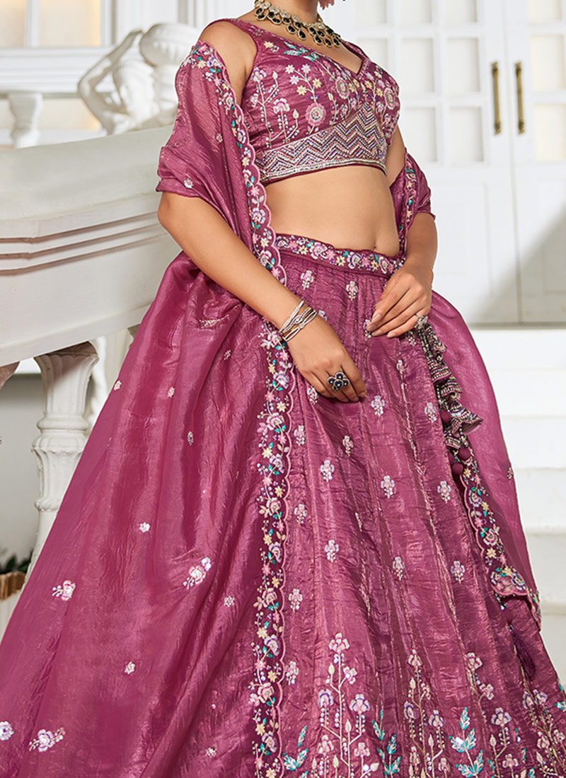 Burgundy Tissue Fabric Embroidered Wedding Lehenga Choli