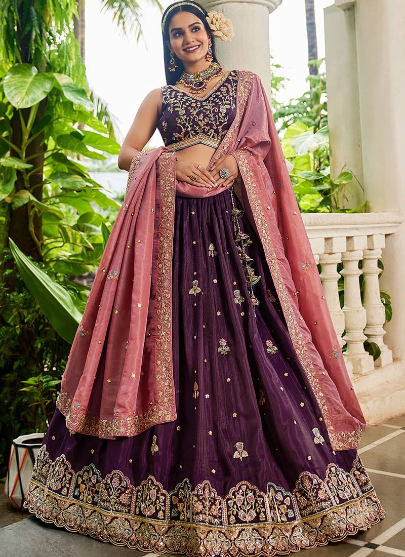 Burgundy Tissue Embroidered Sequins Lehenga Wedding Wear