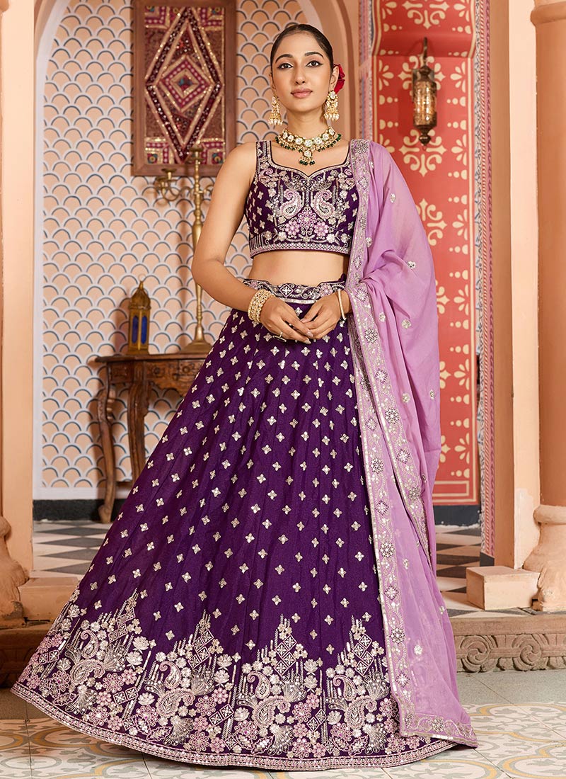 Burgundy Tissue Silk Zari Embroidered Sequins Lehenga Wedding Wear
