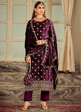 Burgundy Velvet Zari Stone And Beads Work Straight Pant Suit