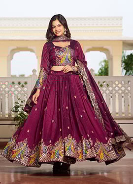 Burgundy Vichitra Silk Embroidered Sequins Lehenga