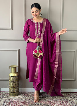 Burgundy Viscose Chanderi Embroidered Straight Pant Suit