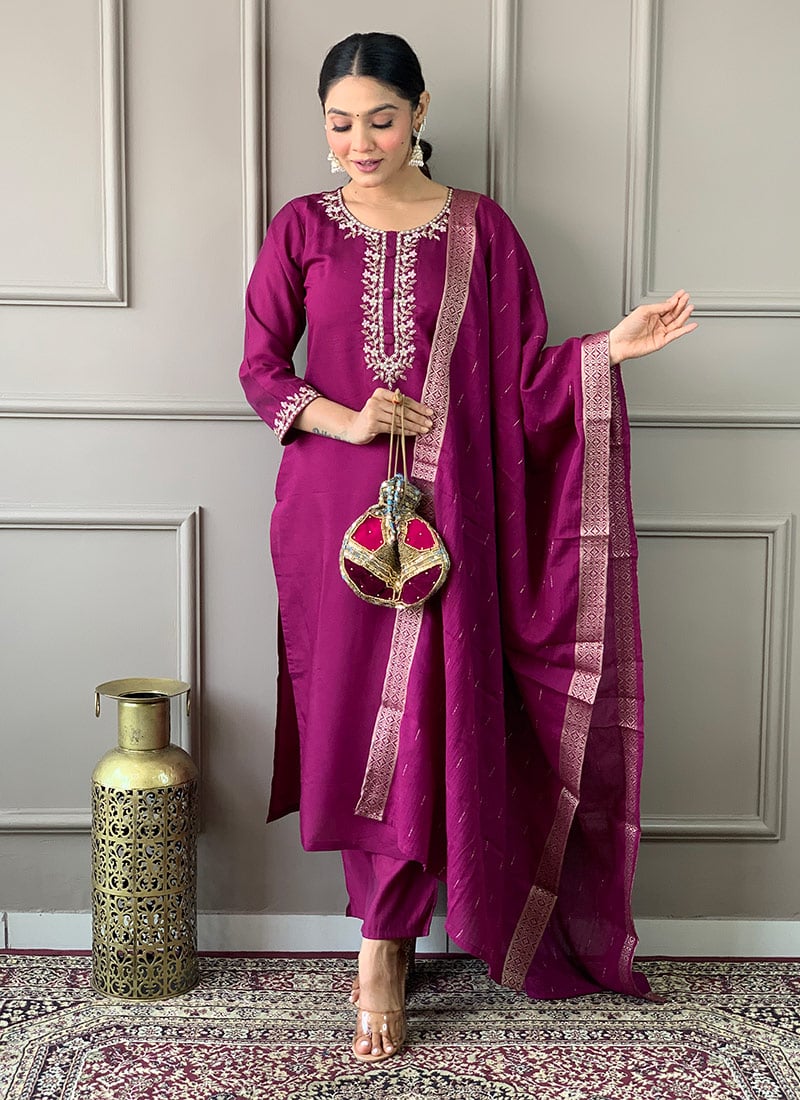 Burgundy Viscose Chanderi Embroidered Straight Pant Suit Festive Wear